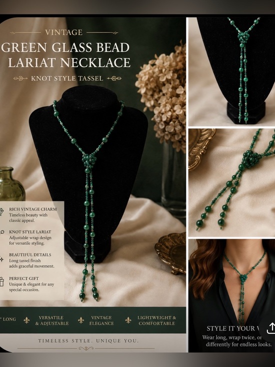 Jewelry - Vintage Long Green Glass Bead Lariat Wrap Necklace Knot Style Tassel 60"